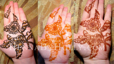 Magic of henna The magic of henna: Left photo shows the henna paste on the skin, middle photo shows the paste removed and initial stain, right photo shows fully-darkened stain.